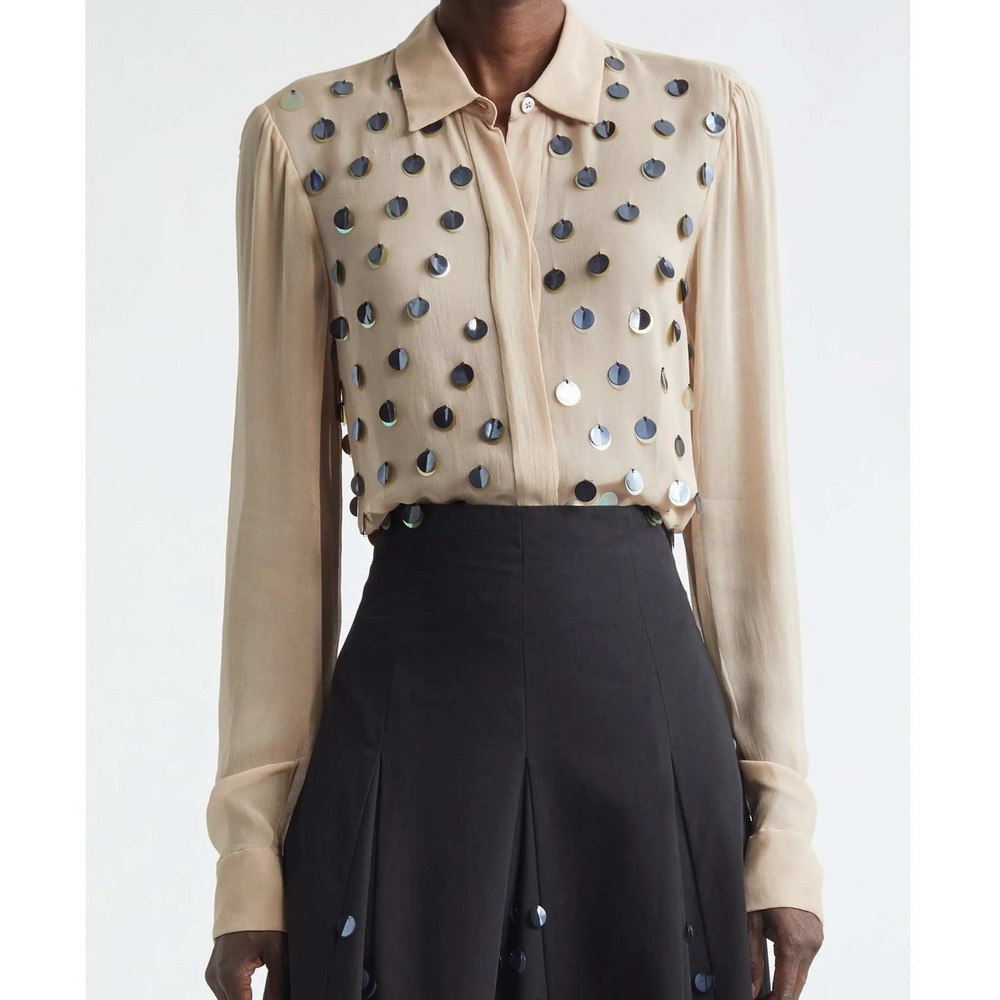 Lela Rose Women's Paillette Sequin Georgette Shirt Taupe M Resort 2026 Glam Chic